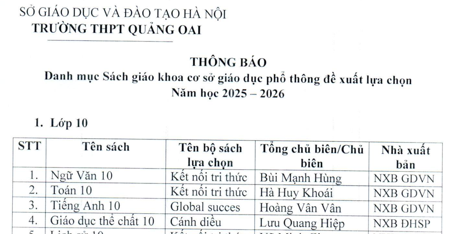 Thông báo danh mục SGK cơ sở giáo dục phổ thông đề xuất lựa chọn trong năm học 2025 - 2026