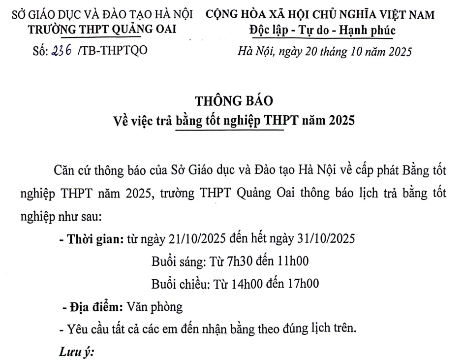 Thông báo trả bằng tốt nghiệp cho thí sinh thi năm 2025
